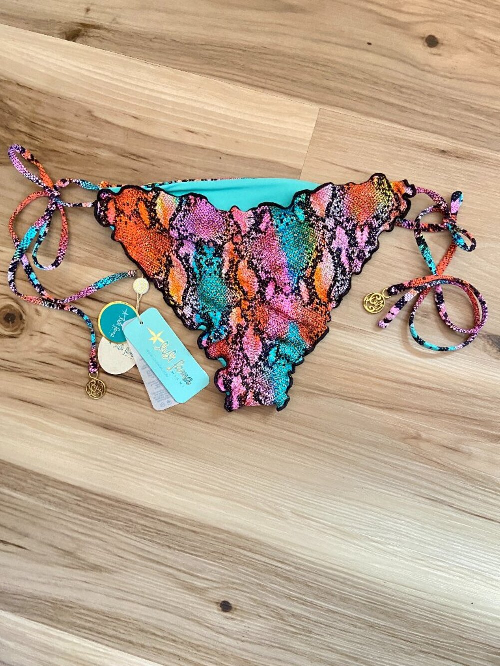 NEW Luli Fama Wavy Ruched Back Brazilian Tie Bikini Bottom Electric Skin L NWT
